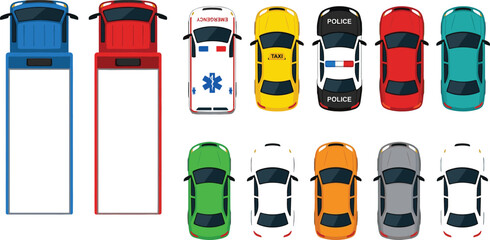 Top View Vehicle Flat Vector Collection Featuring Trucks, Ambulance, Taxi, Police Car, Sedan and Transportation Icons © MIJANUR
