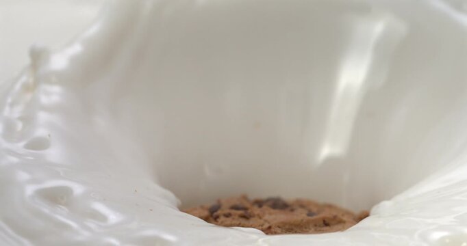 Chocolate chip cookie splashing into milk in super slow motion 1000 fps