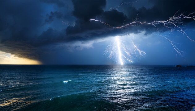 lightning striking over the ocean during a stormy sky