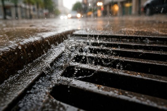 Rainwater flows into a metal storm drain on a wet city street during a heavy downpour with blurred car headlights in the distance