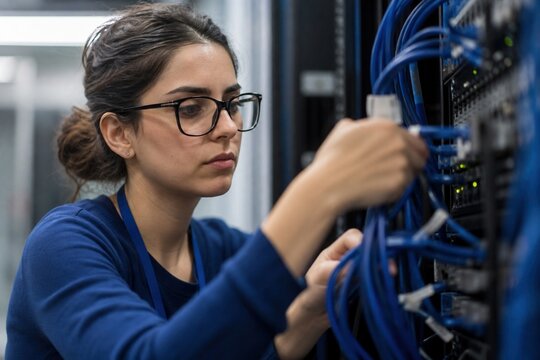 Female network engineer working with server cables in a modern data center to maintain internet connectivity and system security