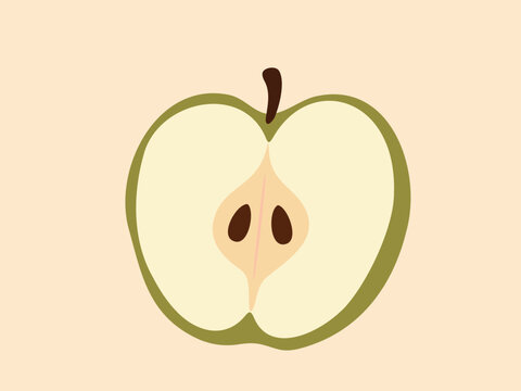 Flat vector green apple half with seeds in a cozy autumn style. Natural fruit illustration for healthy food, organic food branding, and seasonal design.