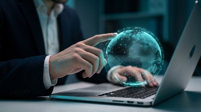 Businessman interacting with a holographic digital globe representing global connectivity and innovation