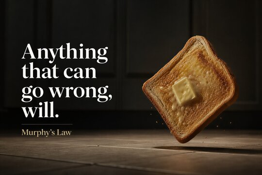 Conceptual Typography Poster Illustrating Murphy's Law with Toast Falling Butter-Side Down in Kitchen