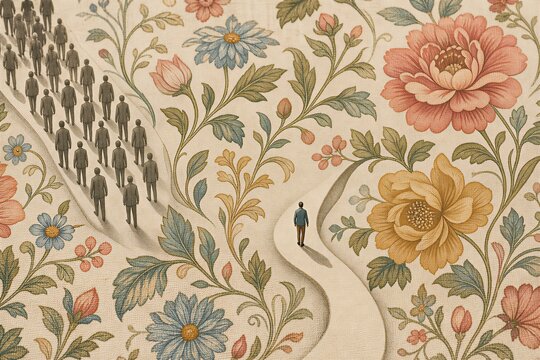 Individual on Untraveled Pathway Diverging from Multitude's Common Route, Symbolizing Autonomy and Bravery with Rustic Floral Motif.