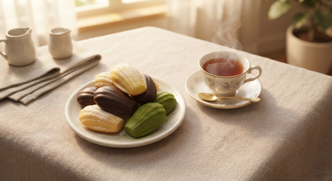 Assorted miniature-style madeleines in plain, chocolate, and matcha flavors with a cup of hot tea.