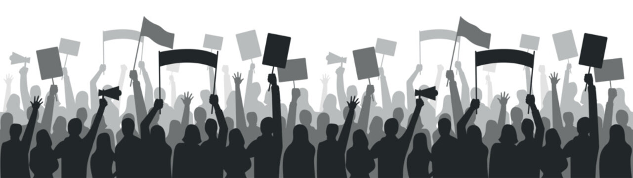 Protest Crowd Silhouette: A stylized illustration depicts a large crowd of people holding signs and flags aloft, silhouetted against a bright background.