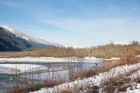 Brackendale Eagle Run Vista Point along the Squamish River during a winter season in Squamish, British Columbia, Canada