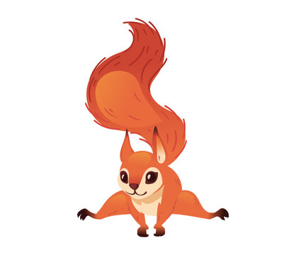 Playful red squirrel hanging upside down. Cute cartoon forest animal with curved fluffy tail and small paws. Flat style design element. Vector illustration isolated on white background.