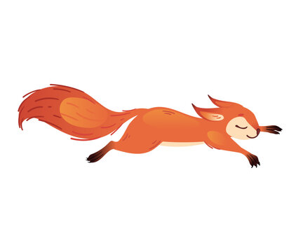 Cute red squirrel hiding inside a grey hollow tree stump. Sweet cartoon forest animal with big fluffy tail. Flat style design element. Vector illustration isolated on white background.
