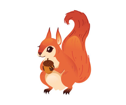 Cute cartoon squirrel running fast. Red fluffy animal in motion with closed eyes and long tail. Flat design element for nature themes. Vector illustration isolated on white background.