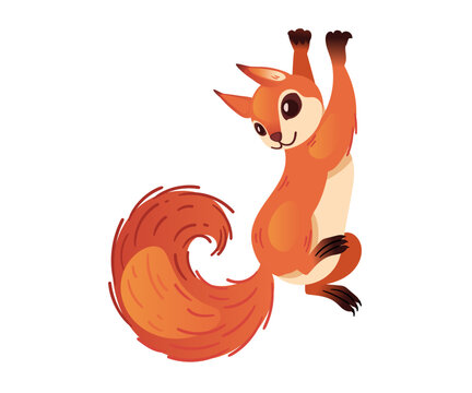 Cute red squirrel climbing up a grey tree trunk. Sweet cartoon forest animal with long fluffy tail and sharp claws. Flat design element. Vector illustration isolated on white background.