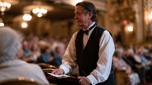 Theater usher in formal vest and bow tie guiding a patron to a velvet seat inside an ornate historic auditorium, chandeliers overhead, rows of expectant audience members settling