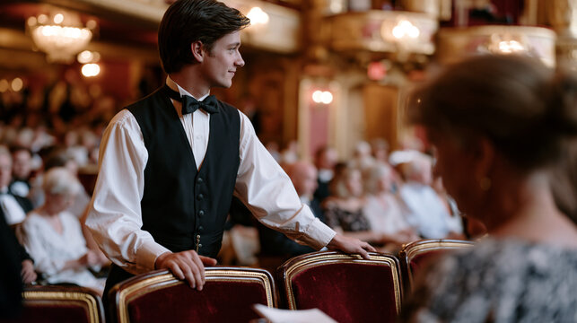 Theater usher in formal vest and bow tie guiding a patron to a velvet seat inside an ornate historic auditorium, chandeliers overhead, rows of expectant audience members settling