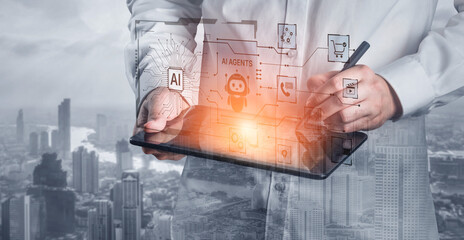 Fototapeta premium AI agents power automation for commerce, customer service, analytics and media operations, connecting tools and data to deliver faster decisions and scalable digital transformation. Corpus
