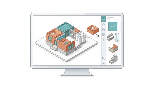 User interacts with digital configurator for prefab home design. The interface displays various modules for assembly and layout.