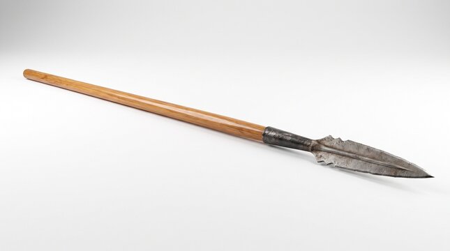 Historical metal spear with wooden shaft on white background