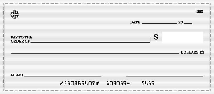 Bank Check Template: A blank bank check is presented, ready to be filled out with payment details, date, and recipient information. It features the essential elements for financial transactions.