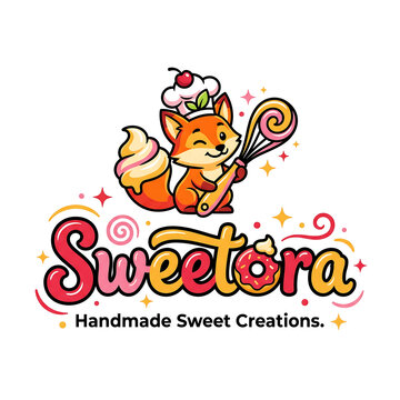 Cute cartoon fox baker logo with whisk and pastries, handmade