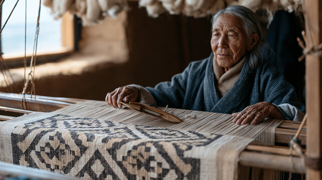 Tibetan textile weaver at horizontal backstrap loom in mountain workshop, geometric patterned fabric slowly advancing on beam, shuttle mid-throw between weft threads, weathered