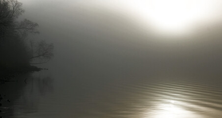 Obraz premium Calm misty morning at a small lake covered in fog with transparent areas in the sky and on the water