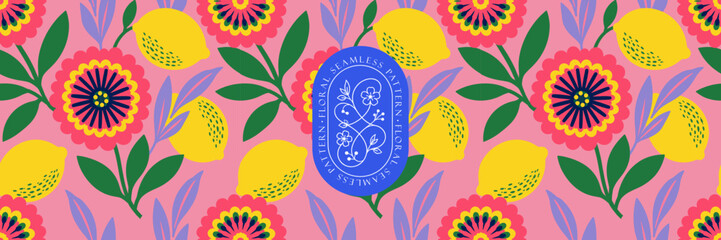 Fototapeta premium Floral seamless pattern. Vector bold naive abstract illustrations of stylized flowers, lemons and leaves for background, wallpaper, packaging, wrapping paper, textile, label, fabric and banner