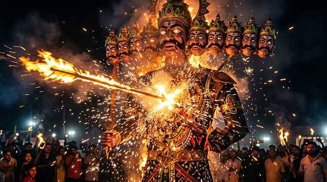 Burning effigy of ravana during dussehra festival