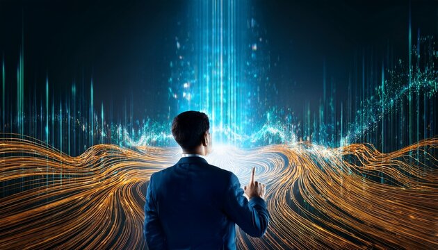 silhouette of business leader overseeing glowing interconnected data streams and ai pipeline with exponential growth curve in gold and cyan high tech futuristic scene