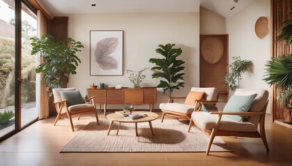 Fototapeta premium mid century modern living room with natural light n cozy mid century modern decor and wooden furniture in a stylish mid century modern interior