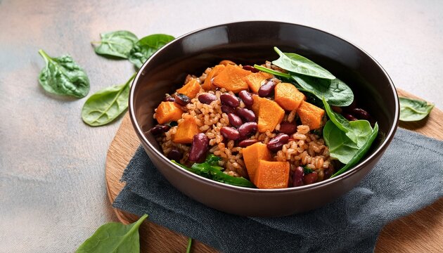 brown rice bowl with roasted sweet potato beans and spinach