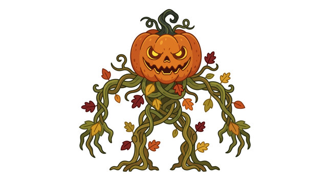 A menacing pumpkin monster creature made of twisted vines and autumn leaves.