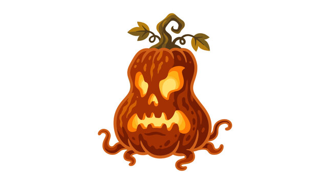 A spooky hand drawn illustration of a monstrous jack o lantern pumpkin with tentacles.