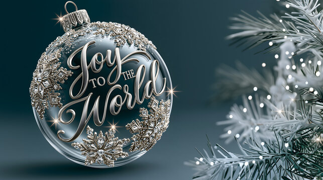 A translucent blue Christmas bauble and a fir branch to wish for joy in the world.