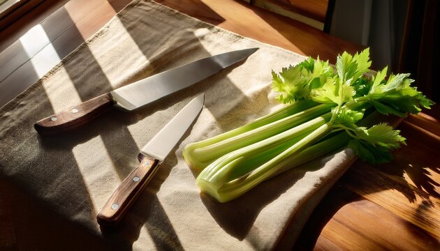celery stalks arranged beside kitchen knives and linen cloth with afternoon sunlight straming though a window looks peaceful rustic and full of elegant traditional color