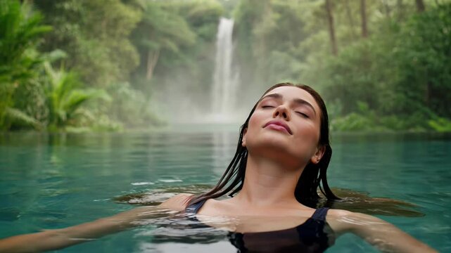 Luxury wellness retreat with a young woman floating peacefully in a secluded jungle infinity pool surrounded by lush tropical greenery and distant waterfalls, cinematic video footage