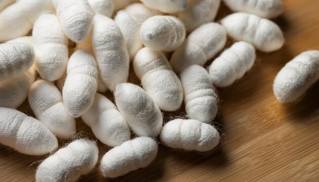white silkworm cocoons gathered in pile on clean surface natural silk production start insect larvae create silk fiber for fabric industry moth pupae stage