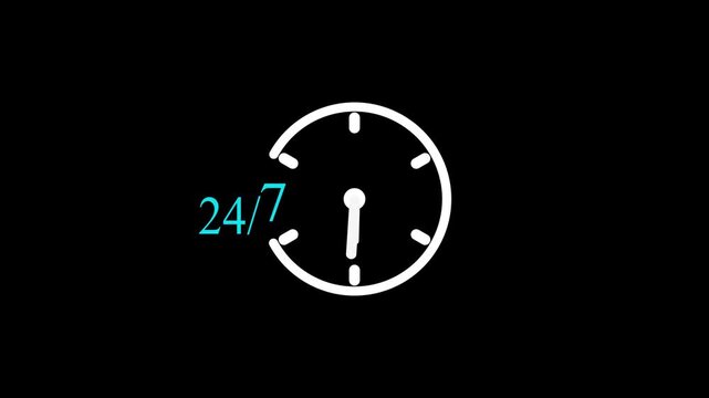 24 hours 7 days clock timer icon animation. 24 hours and 7 days service available, 24/7 customer support, symbolizing nonstop assistance, helpline service, service concept watch on black