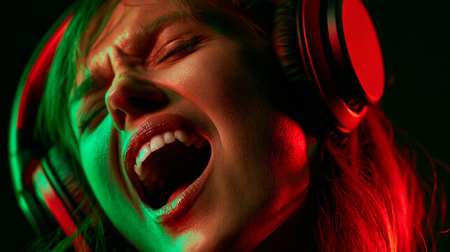  Retrato em close de jovem mulher cantando com emo&ccedil;&atilde;o usando fones de ouvido sob luzes neon verde e vermelha