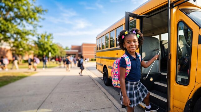 smiling schoolgirl with colorful backpack looking at camera while boarding yellow school bus outside school