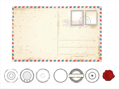 Vintage postal envelopes and retro postage stamps with airmail borders and nostalgic postmarks 