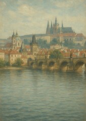 Fototapeta premium Historic cityscape painting wallpaper.