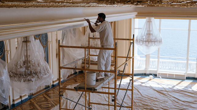 Painting decorator on a tall interior scaffold carefully cutting a crisp edge along a ceiling cornice in a grand hotel ballroom, drop cloths protecting ornate parquet flooring