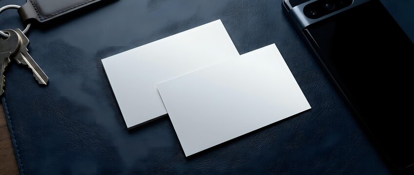Blank white business cards mockup on dark desk with smartphone, keys and wallet for corporate branding and identity design projects.