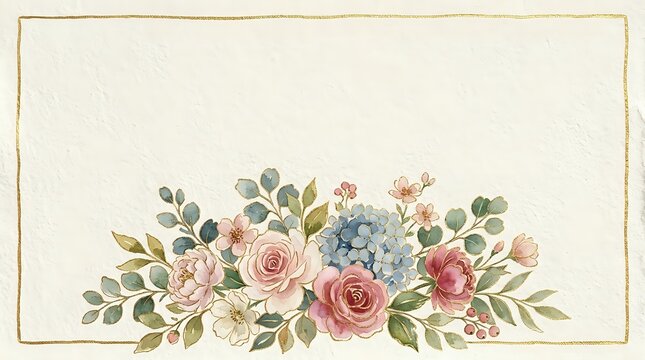 Vintage rose arrangement with pink and coral blooms, dusty blue berries, and green foliage on cream background. Botanical illustration for wedding invitations, greeting cards, and decorative designs.