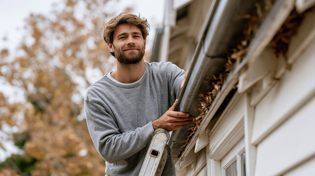 A gutter guard installer balanced on an extension ladder against a two-story weatherboard house, fitting mesh panels along a leaf-filled eave, autumn tree canopy behind, overcast
