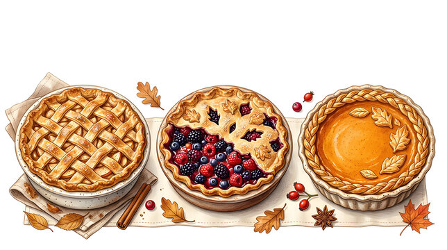 Homemade fruit pies with apple, berry and pumpkin fillings, rustic bakery aesthetic, warm autumn colors, isolated on white background, clean composition, copy space, commercial stock illustration.
