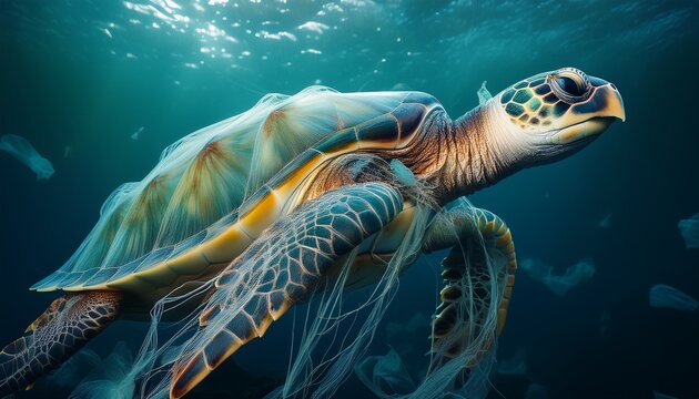 sea turtle entangled in a ghost fishing net with plastic debris marine pollution and ocean conservation concept