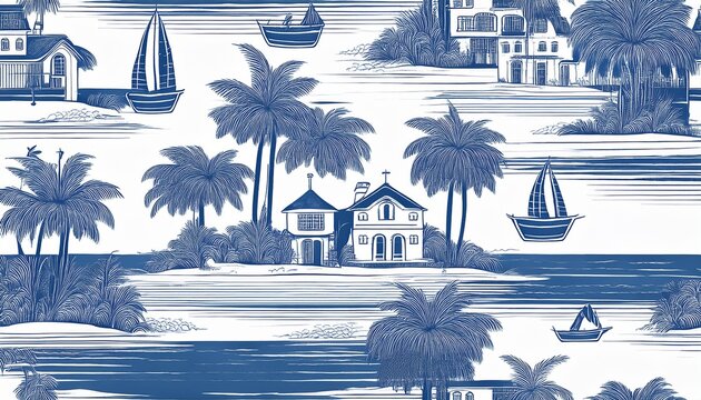 seamless vintage tropical island pattern with palm trees houses and boats in classic blue and white color scheme