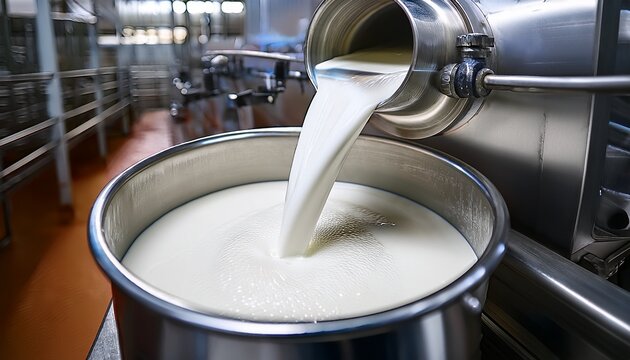 close up of fresh milk being poured into a stainless steel container in a dairy processing plant highlighting cleanliness and hygiene