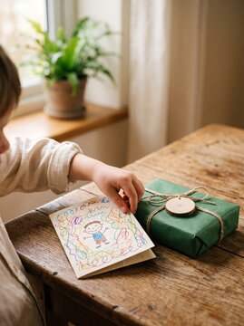 Child's handmade drawing card and green gift box on wooden table